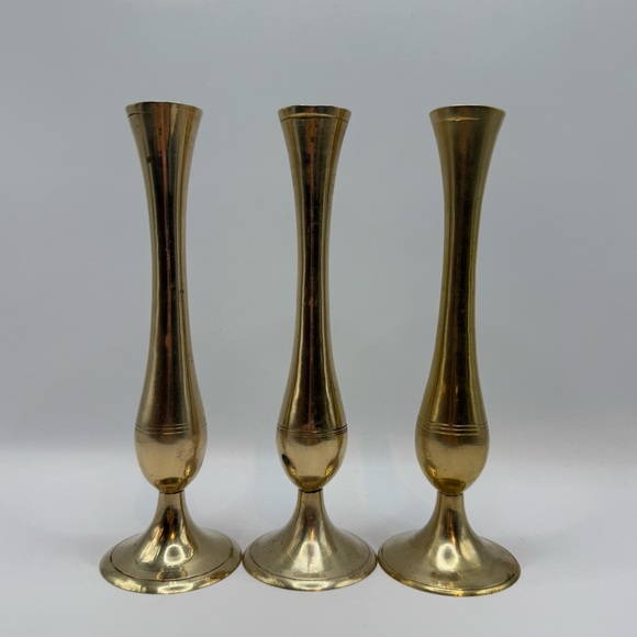 Other - Set of 3 Vintage Solid Brass Flower Bud Vase India Made Candle Stick Holder 7"